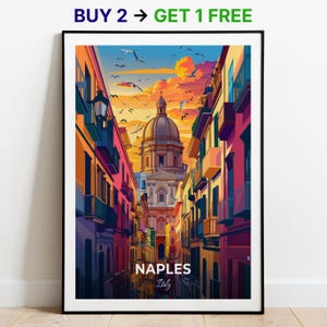 Poster di viaggio di Napoli, Gesù Nuovo, stampa artistica da parete, poster Italia, stampa della città, poster della città, arredamento per la casa, opera d'arte con paesaggio urbano, poster retrò alla moda