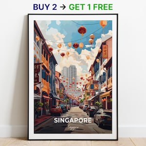 Póster de viaje de Singapur, arte mural de Chinatown, póster de Singapur, impresión de la ciudad, póster de la ciudad, decoración del hogar, obra de arte de paisaje urbano, póster retro de moda