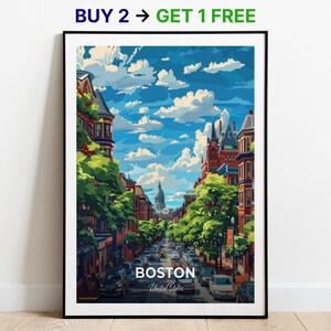 Affiche de voyage de Boston, impression d'art mural Newbury Street, affiche des États-Unis, impression de la ville, affiche de la ville, décoration d'intérieur, oeuvre d'art paysage urbain, cadeau pour les amateurs d'art