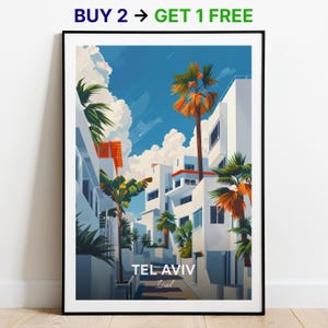Affiche de voyage de Tel-Aviv, impression d'art mural ville blanche, affiche d'Israël, impression de ville, affiche de ville, décoration d'intérieur, oeuvre d'art paysage urbain, affiche rétro tendance