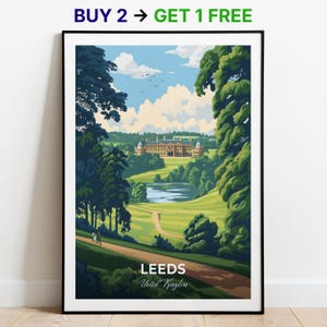 Poster di viaggio di Leeds, Harewood House, stampa artistica da parete, Regno Unito, poster della città, stampa della città, poster della città, arredamento per la casa, opera d'arte con paesaggio urbano, regalo per gli amanti dell'arte