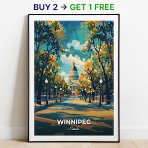 Affiche de voyage de Winnipeg, édifice de l'Assemblée législative du Manitoba, impression d'art mural, impression du Canada, impression de la ville, affiche de la ville, décoration d'intérieur, oeuvre d'art paysage urbain