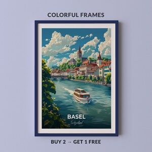 Basel Travel Poster Rhine River Wall Art Print Switzerland Poster City Print City Poster Home Decor Cityscape Artwork Trendy Retro Poster