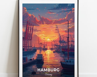 Hamburg Travel Poster Port Of Hamburg Wall Art Print Germany Poster City Print City Poster Home Decor Cityscape Artwork Trendy Retro Poster