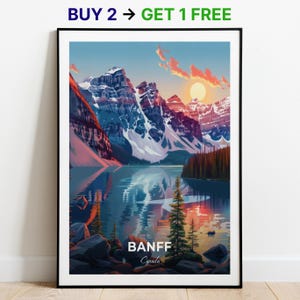 Affiche de voyage Banff, impression d'art mural lac Moraine, affiche du Canada, impression de la ville, affiche de la ville, décoration d'intérieur, oeuvre d'art paysage urbain, affiche rétro tendance