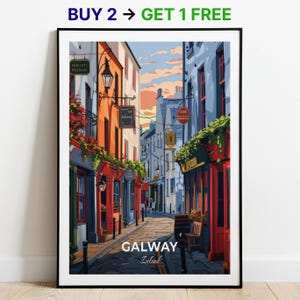 Affiche de voyage de Galway, impression d'art mural Quartier Latin, impression d'art mural Irlande, impression de ville, affiche de ville, décoration d'intérieur, oeuvre d'art paysage urbain, affiche rétro tendance
