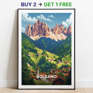 Affiche de voyage de Bolzano, impression d'art mural Dolomites, impression d'art mural en Italie, impression de ville, affiche de ville, décoration d'intérieur, oeuvre d'art de paysage urbain, affiche rétro tendance