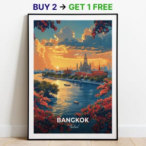 Affiche de voyage à Bangkok, impression d'art mural sur l'île de Rattanakosin, impression d'art en Thaïlande, impression de ville, affiche de ville, décoration d'intérieur, oeuvre d'art paysage urbain, cadeau pour les amateurs d'art