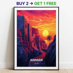 Affiche de voyage d'Amman, galerie Ras Al-Ain, impression d'art mural, affiche de Jordanie, impression de ville, affiche de ville, décoration d'intérieur, oeuvre d'art de paysage urbain, affiche rétro tendance