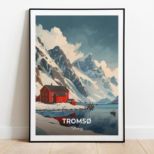 Affiche de voyage Troms, brasserie Mack, impression d'art mural, affiche de la Norvège, impression de la ville, affiche de la ville, décoration d'intérieur, oeuvre d'art paysage urbain, affiche rétro tendance