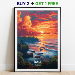 Affiche de voyage à Bali, Lot Tanah, impression d'art mural, affiche de l'Indonésie, impression de la ville, affiche de la ville, décoration d'intérieur, oeuvre d'art paysage urbain, affiche rétro tendance