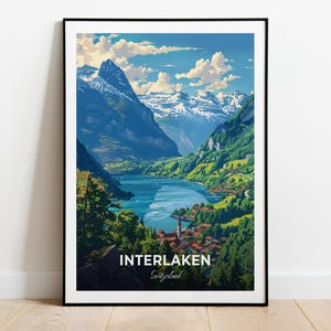 Interlaken, affiche de voyage Harder Kulm, impression d'art mural, Suisse, impression de ville, affiche de ville, décoration d'intérieur, paysage urbain, oeuvre d'art, cadeau pour les amateurs d'art