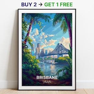Brisbane, affiche de voyage Story Bridge, impression d'art mural, impression d'Australie, impression de ville, affiche de ville, décoration d'intérieur, oeuvre d'art de paysage urbain, affiche rétro tendance