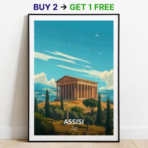 Poster turistico di Assisi, Tempio di Minerva, stampa artistica da parete, poster Italia, stampa della città, poster della città, arredamento per la casa, opera d'arte con paesaggio urbano, poster retrò alla moda