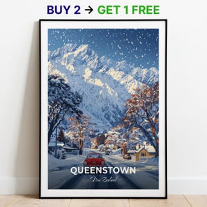 Affiche de voyage Queenstown The Remarkables, impression d'art mural, affiche de la Nouvelle-Zélande, impression de la ville, affiche de la ville, décoration d'intérieur, oeuvre d'art paysage urbain, tenture murale