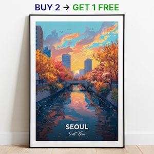 Affiche de voyage de Séoul, impression d'art mural Cheonggyecheon Stream, affiche de la Corée du Sud, impression de la ville, affiche de la ville, décoration d'intérieur, oeuvre d'art paysage urbain, tenture murale