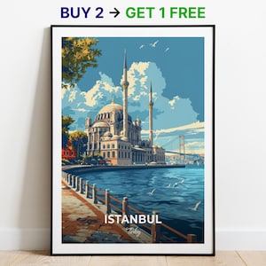 Affiche de voyage d'Istanbul, impression d'art mural mosquée Ortakoy, affiche de la Turquie, impression de la ville, affiche de la ville, décoration d'intérieur, oeuvre d'art paysage urbain, affiche rétro tendance