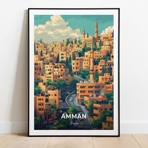 Amman Reiseposter Innenstadt Wand-Kunst-Druck Jordanien Poster City-Print City-Poster Wohnkultur Stadtbild Kunstwerk Trendy Retro Poster
