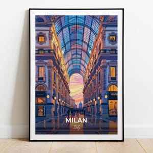 Affiche de voyage de Milan Galleria Vittorio Emanuele II, impression d'art mural, impression d'Italie, impression de ville, affiche de ville, décoration d'intérieur, oeuvre d'art paysage urbain