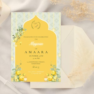 May include: A yellow and green invitation card with a floral design and a gold archway. The text on the card reads "Please join us in celebrating the Mayoun of Amaara, October 11th, 5:00 PM, Somewhere Street, Somewhere, إن شاء الله".