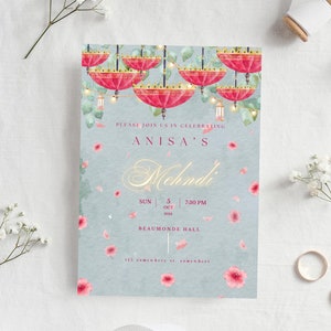 Sage Green and Pink Mehndi Invitation Template, Dholki Invite, Editable Template, Mehndi Evite, Dholki Invite, Rustic Mehndi Invite