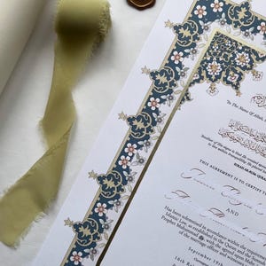 Certificado Nikkah de lujo A3 - MIRAJ / Nikkahnama / Contrato Nikkah / Certificado de matrimonio islámico / Lámina dorada pintada a mano / Lámina líquida