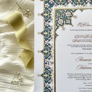 Personalisiertes A3 Nikkah-Zertifikat | Miraj |  Benutzerdefiniertes islamisches Ehegelübde-Andenken, elegantes Hochzeitsdokument, Ehegelübde-Andenken | Nikkah