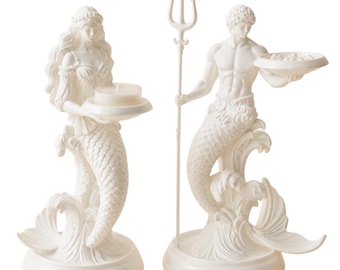 Mermaid Merman Candle Holder Set, Ocean Inspired Sculpture, Coastal Nautical Decor