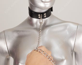 Leather Collar and Leash, Choker Collar With Leash, Leather Choker With Leash, Leather Collar With Chain, Collar and Leash Set for Women,
