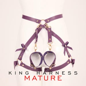 May include: Purple leather harness with gold hardware and two matching wrist cuffs. The harness has a belt with a large O-ring and straps that connect to the cuffs. The straps have bows at the ends.