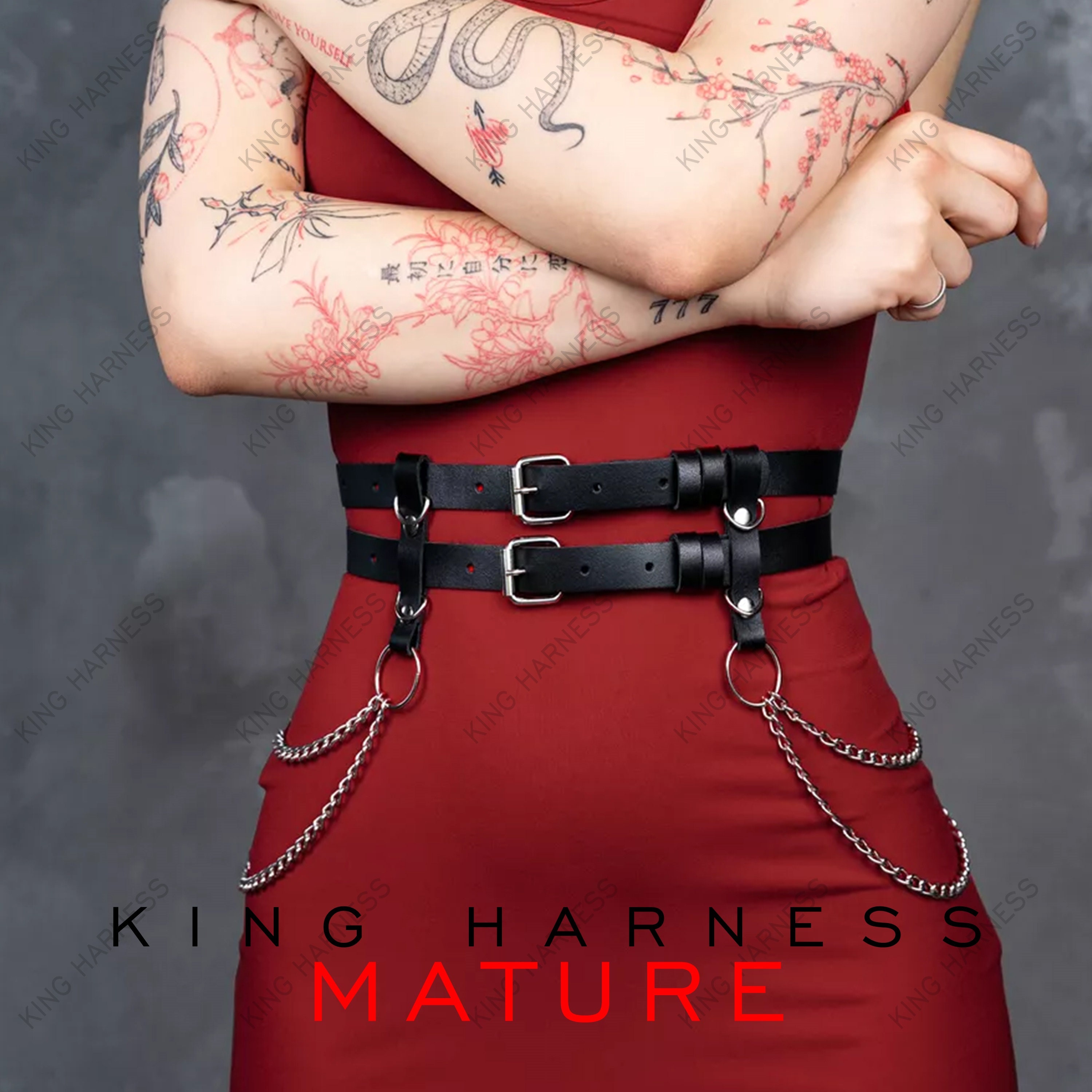 Punk Belly waist body chain black leather goth belt harness for women with strap Leather Chest Harness Punk Black & Waist Chain Set For Women  main image 3