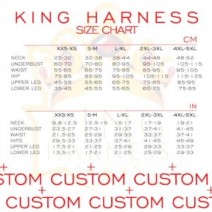 May include: A size chart for King Harness products, with measurements in centimeters and inches. The chart includes sizes from XXS-XS to 4XL-5XL, detailing neck, underbust, waist, hips, upper leg, and lower leg measurements.