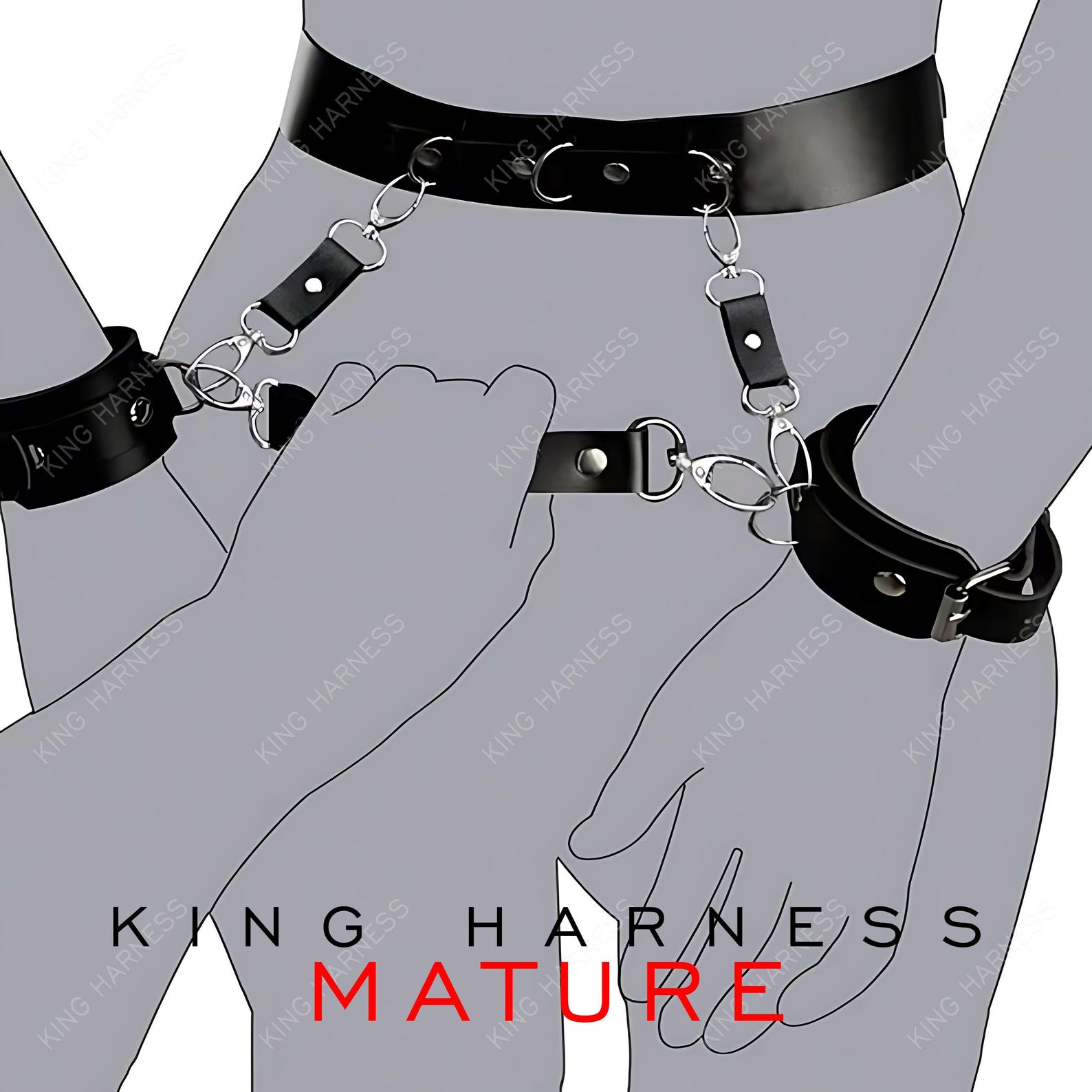 Black bondage waist harness connecting wrist cuffs for BDSM restraints, bondage wear, and restraint sex.