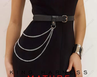 Black Leather Waist Chain Harness, Fetish-Inspired Body Chain Belt, Modern, Minimal, Striking, Gothic Waist Chain Belt, Gold Chain Harness,