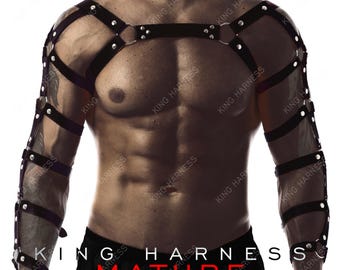 Men's Leather Chest Shoulder and Arm Harness, Male Chest Harness, Clubwear, Rave Clothing, Men's Harness, Arm Harness, Mens Chest Rig,