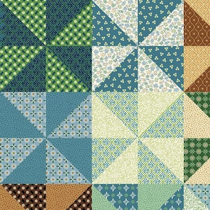 May include: A patchwork quilt featuring a range of floral and geometric patterns in shades of blue, green, brown, and white.