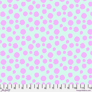 May include: A seamless fabric pattern with a light blue background and a repeating pattern of pink circles.