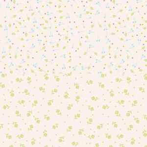 Può includere: Un motivo ripetuto di piccoli fiori e foglie stilizzati in verde, blu e rosa su sfondo color crema. Piccoli punti gialli e rosa completano il delicato design floreale.