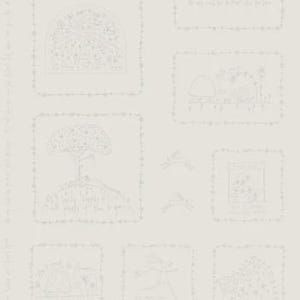 May include: A light gray fabric panel featuring a repeating grid of rectangular frames, each containing delicate, thin-lined black illustrations of whimsical characters, trees, and stars, accompanied by handwritten-style text within each frame.
