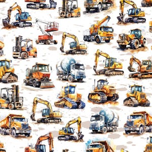 Pode incluir: Padrão aquarela repetido com vários veículos de construção, incluindo escavadeiras, caminhões basculantes e betoneiras. Os veículos são principalmente amarelos, laranjas e azuis, sobre um fundo branco. O design apresenta uma variedade de equipamentos de construção.