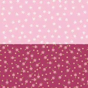 Op de afbeelding: Een ontwerp verdeeld in twee delen. De bovenste helft toont een lichtroze achtergrond met verspreide witte bladvormige elementen. De onderste helft toont een dieproze achtergrond versierd met kleine roze bloemmotieven.