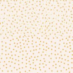 Könnte beinhalten: Ein nahtloses Muster mit cremefarbenem Hintergrund, verziert mit kleinen, goldfarbenen Blatt- und Punktformen. Das Design weist einen Farbverlauf auf, der von oben spärlich bis unten dicht verläuft.