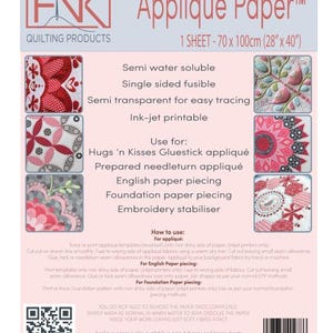 Op de afbeelding: Appliqué papier van 70 x 100cm voor quilten. Kenmerken: semi-wateroplosbaar, enkelzijdig opstrijkbaar, inkjet printbaar. Geschikt voor applicaties, English paper piecing en borduren. Inclusief instructies.