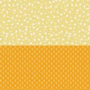 Op de afbeelding: Een tweekleurig patroon met een gele bovenste helft en een oranje onderste helft. Het gele gedeelte heeft een verspreid patroon van kleine witte vormen. Het oranje gedeelte heeft een herhalend geometrisch ontwerp.