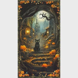 May include: A vertical illustration featuring a black cat sitting on stone steps leading to a gothic castle. The scene is framed by dark, twisted tree branches adorned with glowing orange pumpkins and autumn leaves under a pale moonlit sky.