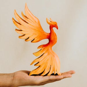 Wooden Phoenix Figurine, Hand-Painted Fantasy Creature, Mythical Animal Decor, Unique Handmade Gift for Fantasy Lovers