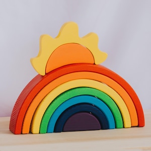 Wooden Rainbow and Sun Stacker, Montessori Puzzle Toy, Waldorf Toddler Toy, Open Ended Educational Toy, Stacking Block, Montessori Gift