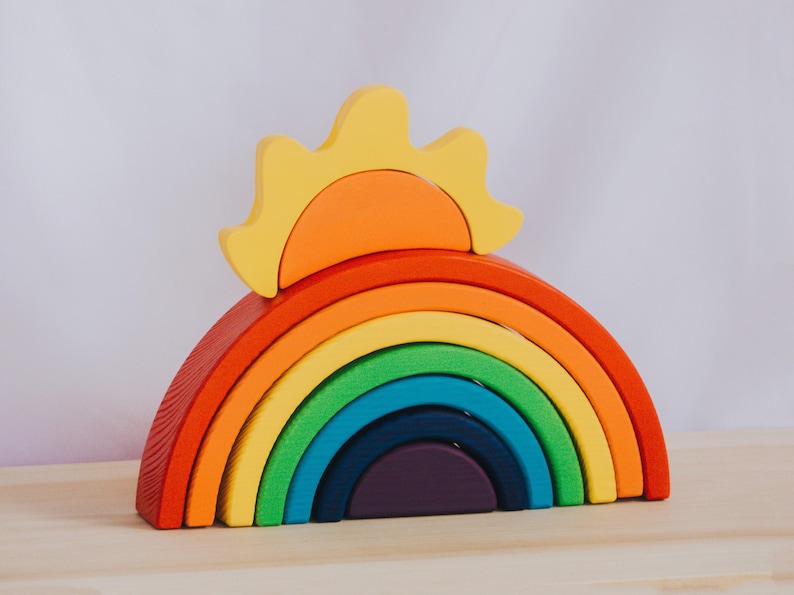 Wooden Rainbow and Sun Stacker, Montessori Puzzle Toy, Waldorf Toddler ...