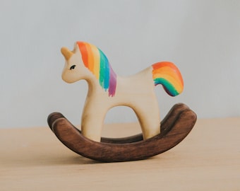 Wooden Rocking Unicorn Toy, Handmade Miniature Wooden Unicorn Toy, Vintage Animal Little Toy, Nursery Bookshelf Decor, Baby Shower Gift