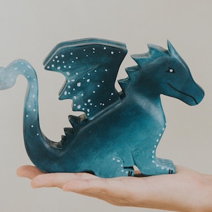 Wooden Water Dragon Toy, Hand-Painted Blue Dragon, Fantasy Mythical Creature, Waldorf Pretend Play, Unique Gift